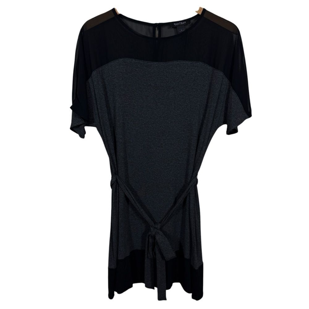 White House Black Market Black Grey Semi Sheer Mesh Tunic Knit Top Women's Sz L